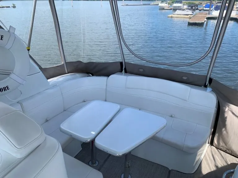Cockpit of Formula 34 Performance Cruiser with dual helm and U-shaped lounge seating