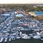 Crowds walking floating docks at Annapolis Powerboat Show 2025