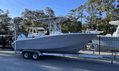 2026 Bulls Bay 230 Center Console with Silver hull, Suzuki 200APXW, hardtop, and Garmin display, for sale at Rhode River Boat Sales in Edgewater, MD.