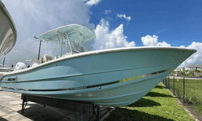 2026 Bulls Bay 255 Center Console with twin Suzuki 150s, deluxe hardtop, and Carolina Blue hull, for sale at Rhode River Boat Sales in Maryland.