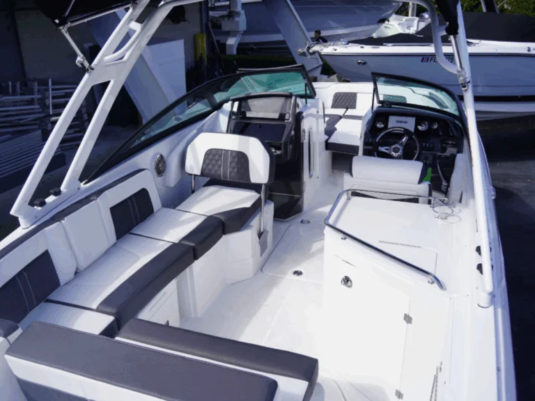 Cockpit and helm view with Ultra Fabrics Anthracite upholstery