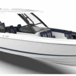 Monterey 30 Elite luxury bowrider with outboard power at marina